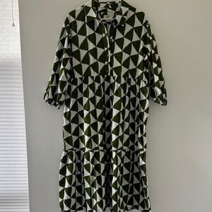 Maeve Geometric Green and White Midi Shirt Dress